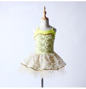 Yellow gold sequins embroidery pattern backless crosses belt paillette girls professional competition tutu skirts leotards ballet dance dresses outfits